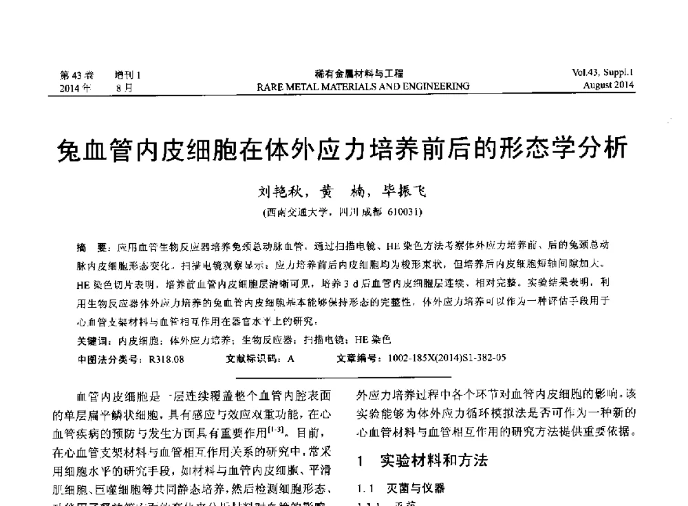 兔血管内皮细胞在体外应力培养前后的形态学分析 - 第十四届全国生物材料大会