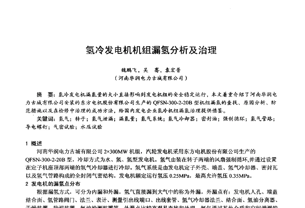 氢冷发电机机组漏氢分析及治理 - 第四届火电行业化学(环保)专业技术交流会