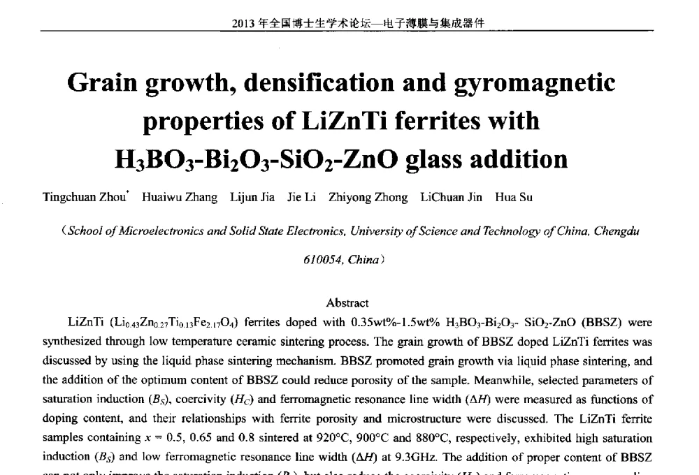 Grain growth_ densification and gyromagnetic properties of LiZnTi ferrites with H3BO3-Bi2O3-SiO2-ZnO glass addition - 2013年全国博士生学术论坛——电子薄膜与集成器件