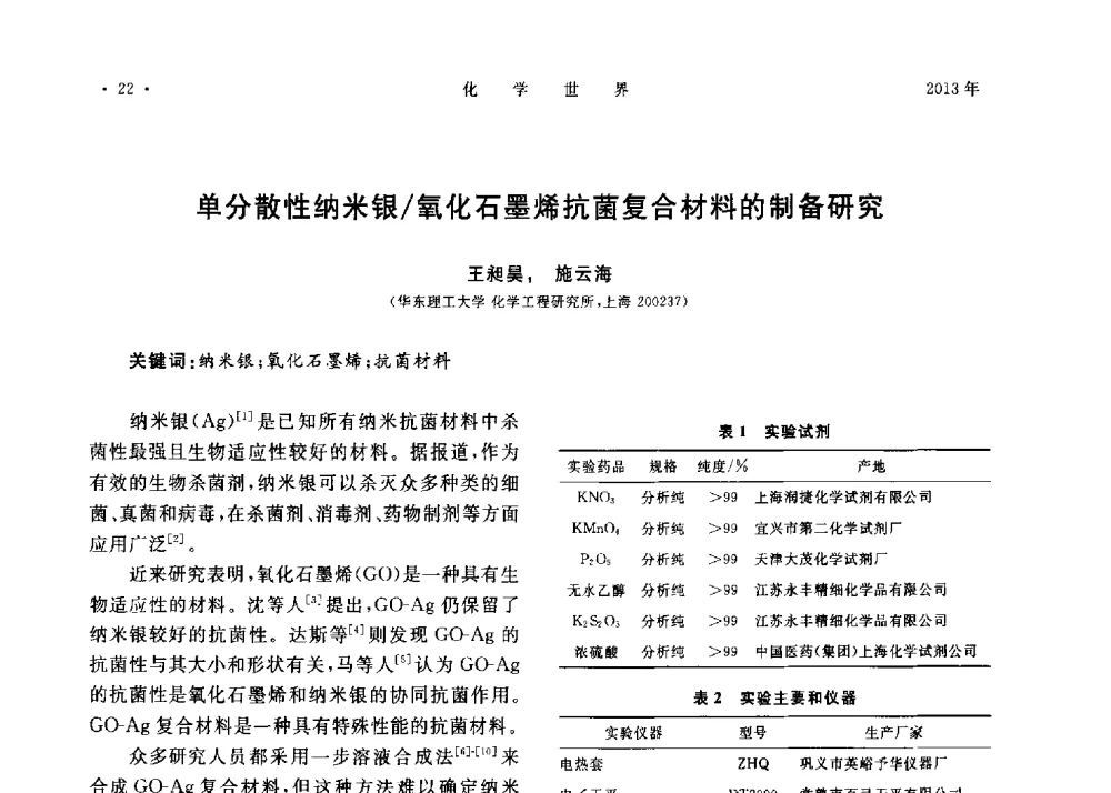 单分散性纳米银_氧化石墨烯抗菌复合材料的制备研究 - 上海市化学化工学会2013年度学术年会