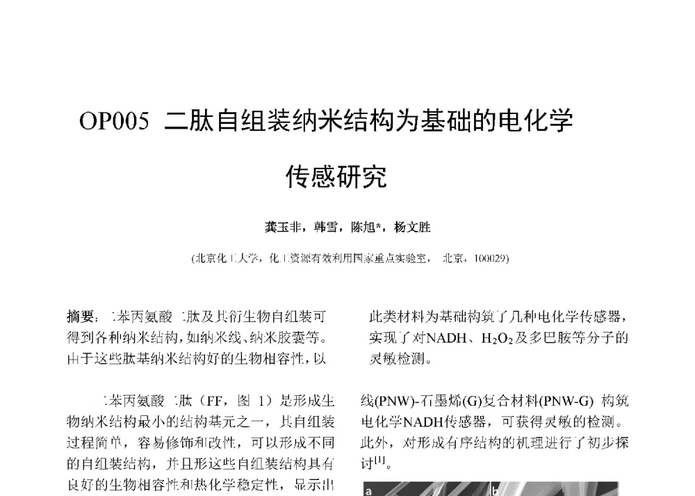 二肽自组装纳米结构为基础的电化学传感研究 - 第十二届全国化学传感器学术会议