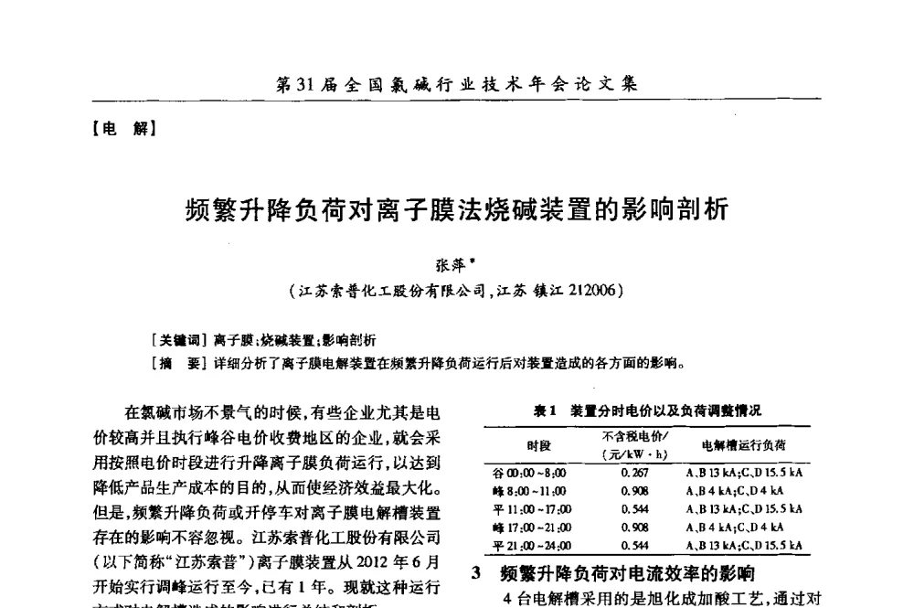 频繁升降负荷对离子膜法烧碱装置的影响剖析 - 第31届全国氯碱行业技术年会暨第14届“佑利杯”论文交流会
