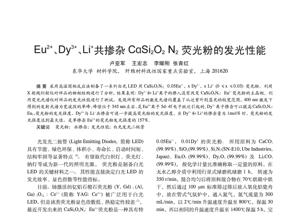 Eu2+、Dy3+、Li+共掺杂CaSi2O2 N2荧光粉的发光性能 - 2014中国长三角照明科技论坛暨上海市照明学会会员大会
