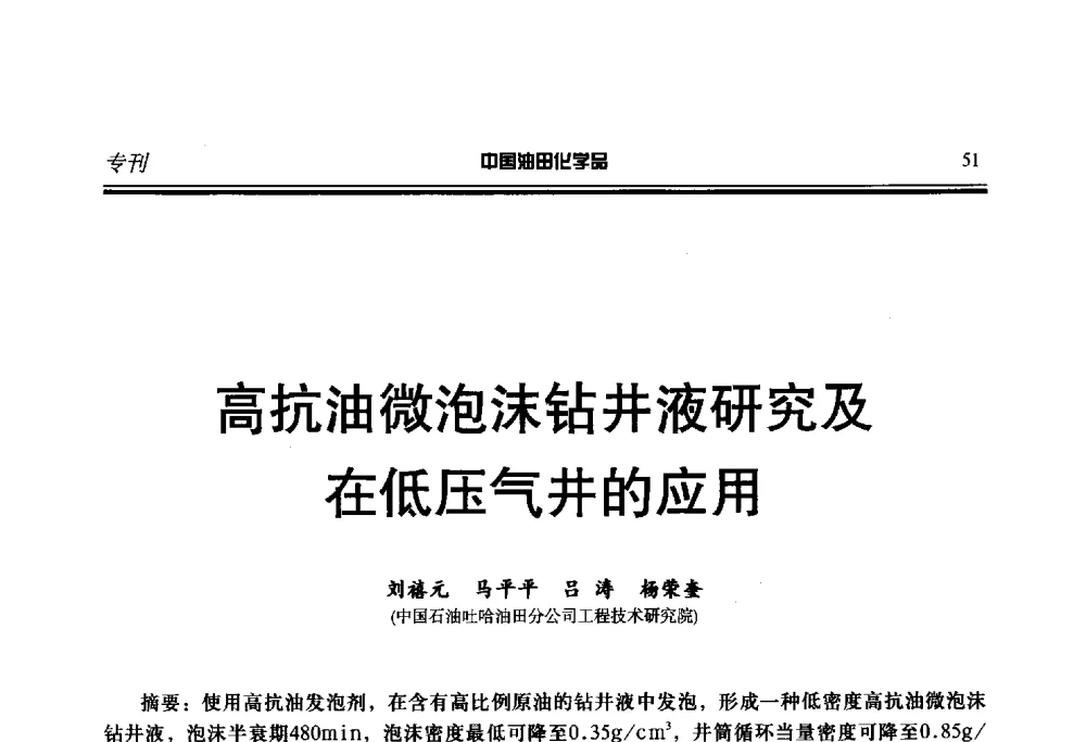 高抗油微泡沫钻井液研究及在低压气井的应用 - 第二十届中国油气田化学品开发应用研讨会