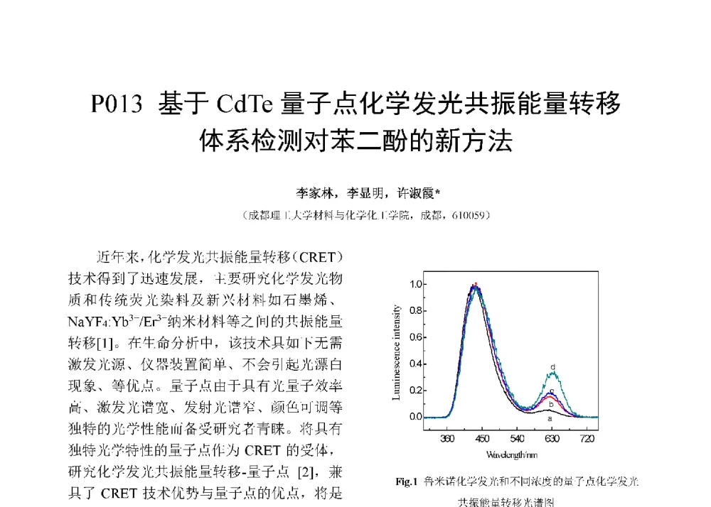 基于CdTe量子点化学发光共振能量转移体系检测对苯二酚的新方法 - 第十二届全国化学传感器学术会议
