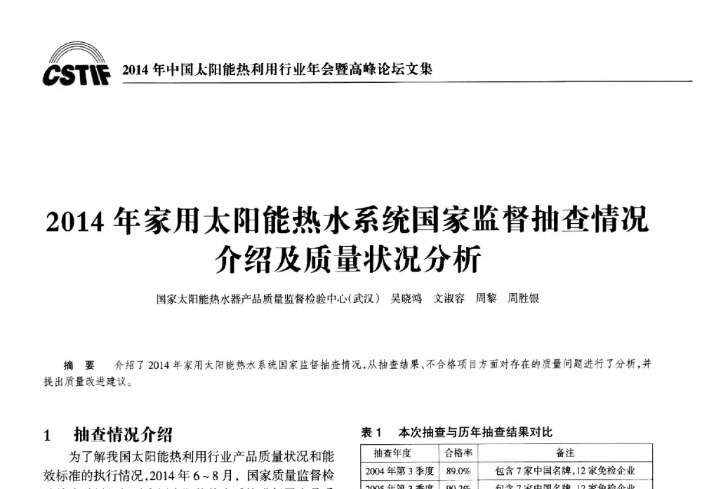 2014年家用太阳能热水系统国家监督抽查情况介绍及质量状况分析 - 2014年中国太阳能热利用行业年会暨高峰论坛