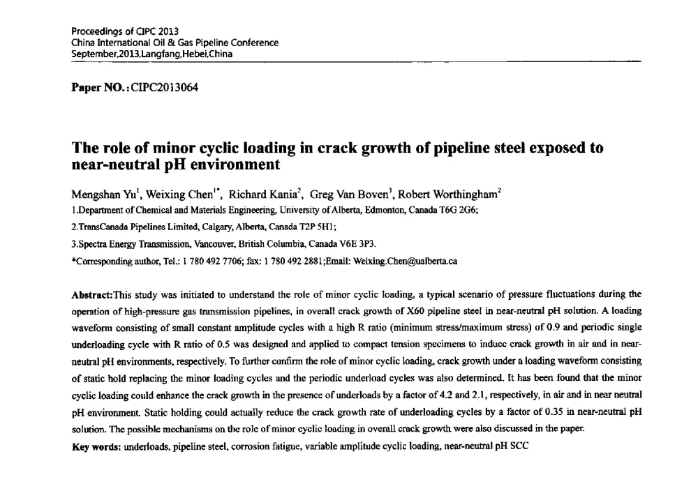 The role of minor cyclic loading in crack growth of pipeline steel exposed to near-neutral pH environment - 2013中国国际管道会议暨第一届中国管道与储罐腐蚀与防护学术交流会