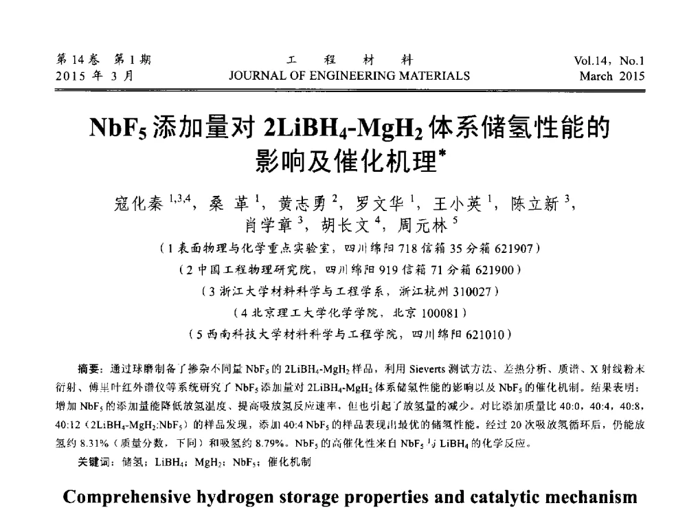 NbF5添加量对2LiBH4-MgH2体系储氢性能的影响及催化机理 - 中国腐蚀与防护学会能源工程专业委员会2014年学术交流会