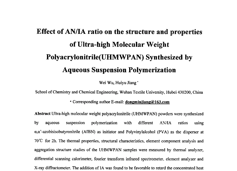 Effect of AN_IA ratio on the structure and properties of Ultra-high Molecular Weight Polyacrylonitrile(UHMWPAN) Synthesized by Aqueous Suspension Polymerization - 2014全国高性能纤维及复合材料新技术应用与产业化推进研讨会