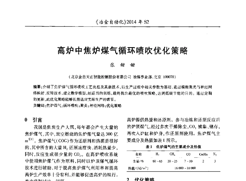 高炉中焦炉煤气循环喷吹优化策略 - 中国计量协会冶金分会2014年会