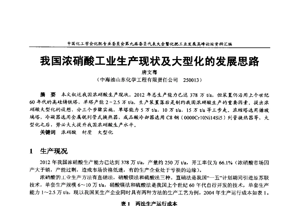 我国浓硝酸工业生产现状及大型化的发展思路 - 中国化工学会化肥专业委员会第九届委员代表大会暨化肥工业发展高峰论坛