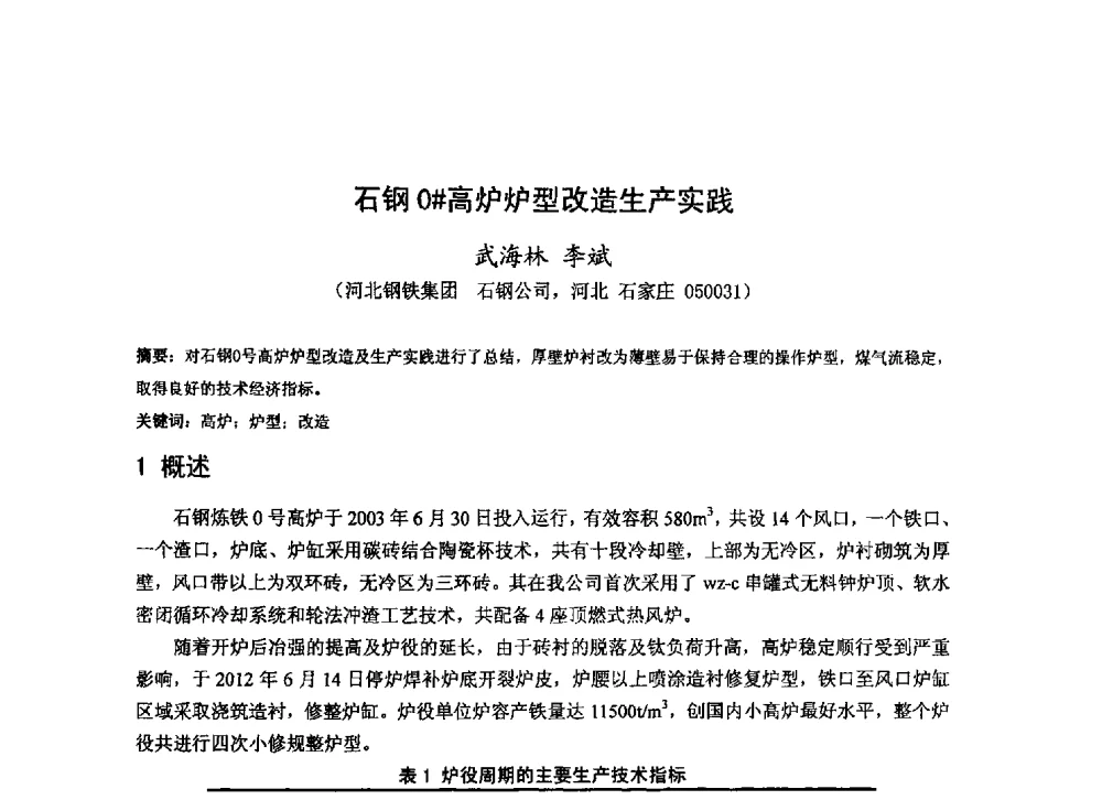 石钢0#高炉炉型改造生产实践 - 2013年全国中小高炉炼铁技术交流会