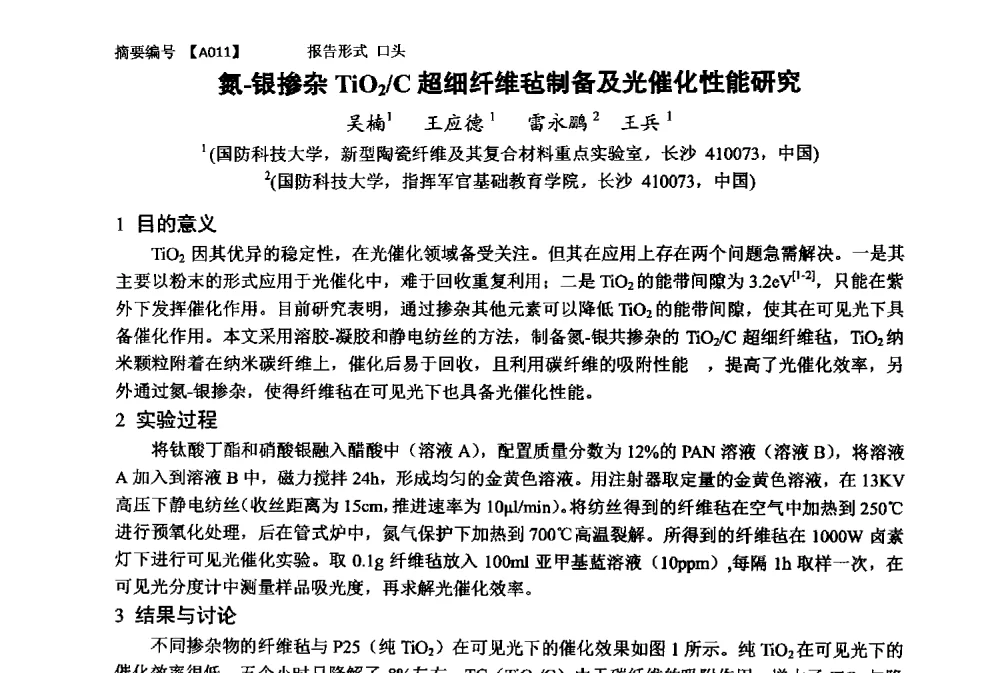氮-银掺杂TiO2_C超细纤维毡制备及光催化性能研究 - 第十一届全国工程陶瓷学术年会
