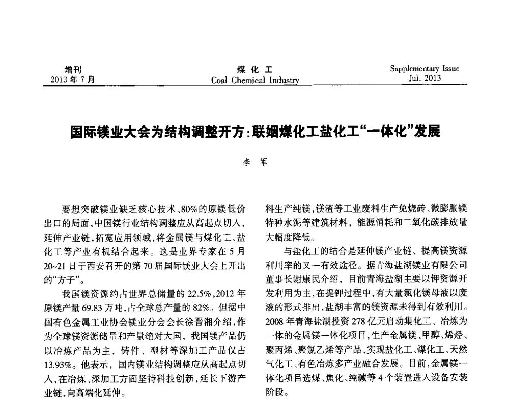 国际镁业大会为结构调整开方_联姻煤化工盐化工“一体化”发展 - 2013’中国煤化工技术、市场、信息交流会暨“十二五”产业发展研讨会