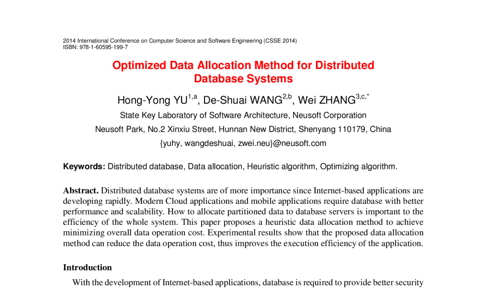 Optimized Data Allocation Method for Distributed Database Systems - 2014年国际计算机科学与软件工程学术会议