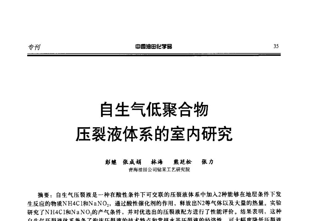 自生气低聚合物压裂液体系的室内研究 - 第十九届中国油田化学品开发应用研讨会
