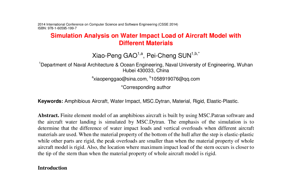 Simulation Analysis on Water Impact Load of Aircraft Model with Different Materials - 2014年国际计算机科学与软件工程学术会议