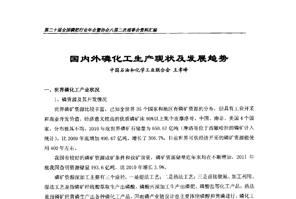 国内外磷化工生产现状及发展趋势 - 第二十届全国磷肥行业年会