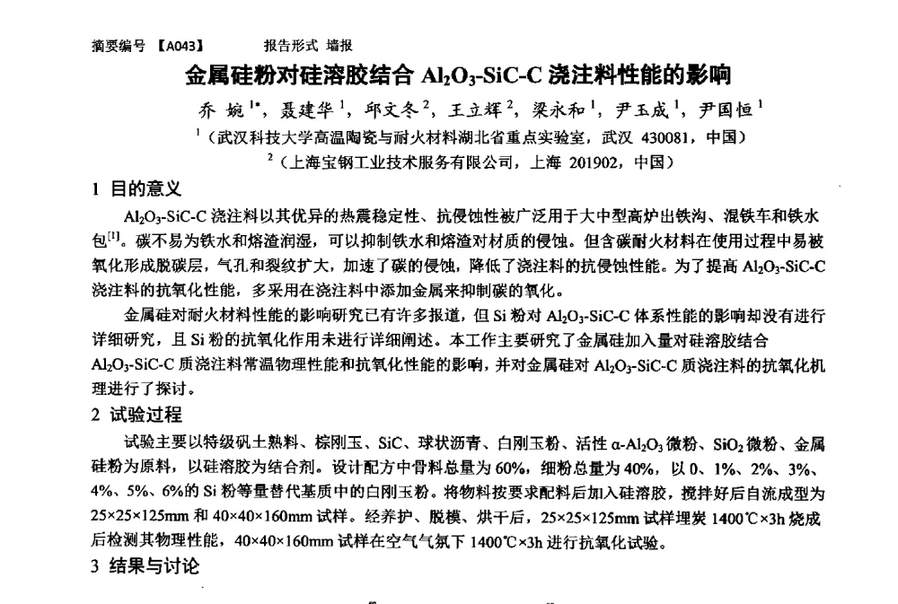金属硅粉对硅溶胶结合Al2O3-SiC-C浇注料性能的影响 - 第十一届全国工程陶瓷学术年会
