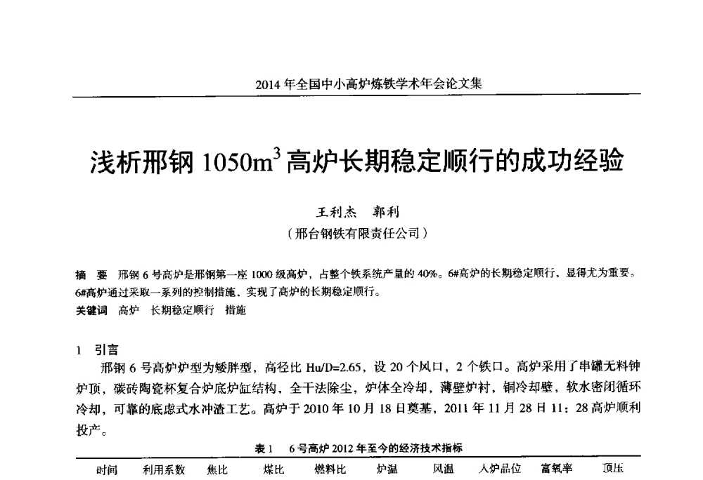 浅析邢钢1050m3高炉长期稳定顺行的成功经验 - 2014年全国中小高炉炼铁学术年会