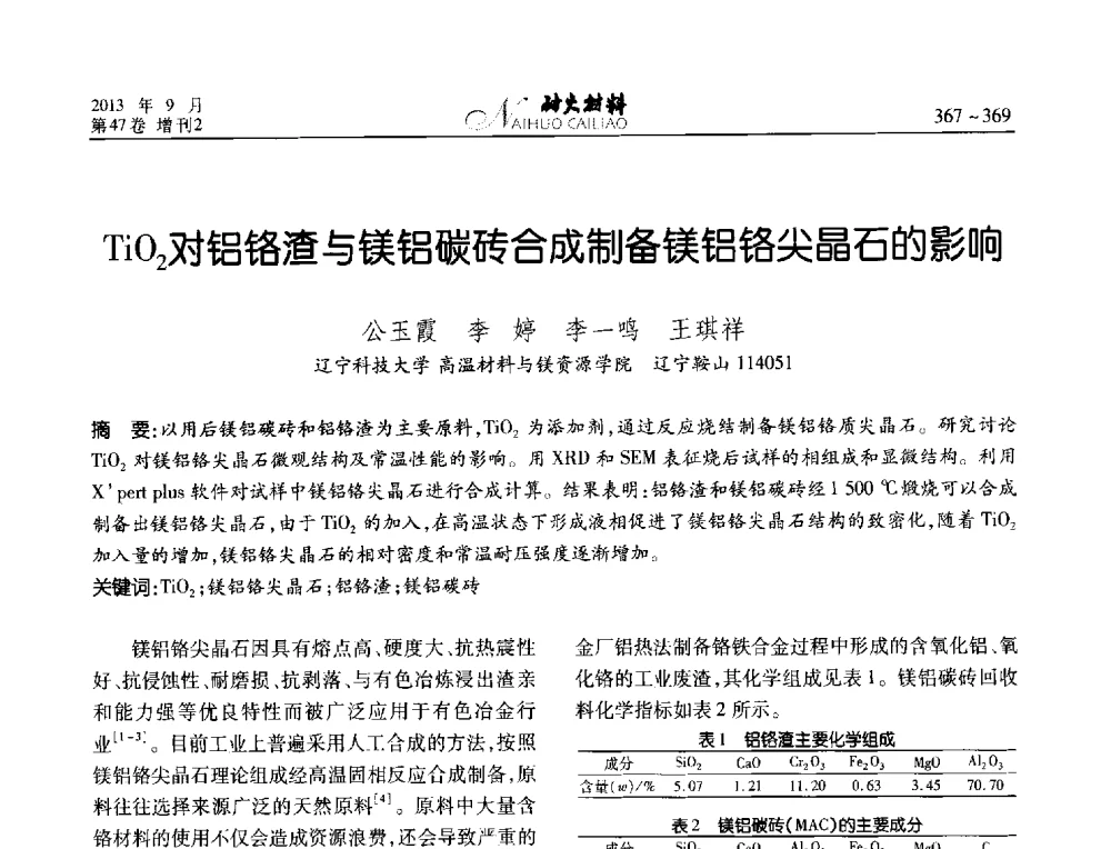 TiO2对铝铬渣与镁铝碳砖合成制备镁铝铬尖晶石的影响 - 2013耐火材料综合学术会议、第十二届全国不定形耐火材料学术会议、2013耐火原料学术交流会