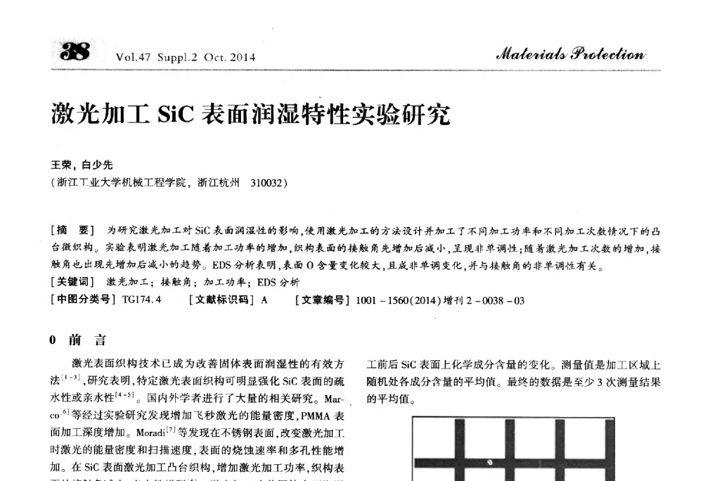 激光加工SiC表面润湿特性实验研究 - 2014全国(宁波)防锈润滑包装学术研讨会
