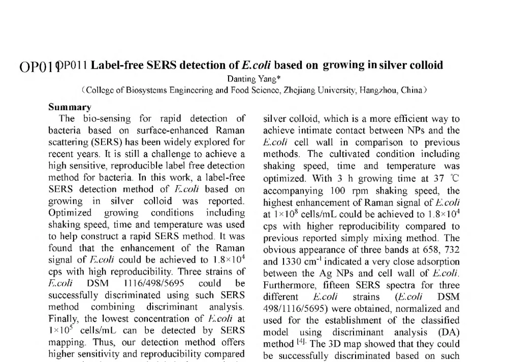OP011 Label-free SERS detection of E.coli based on growing in silver colloid - 第十二届全国化学传感器学术会议