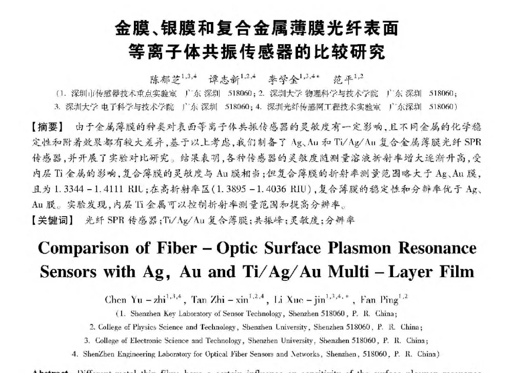 金膜、银膜和复合金属薄膜光纤表面等离子体共振传感器的比较研究 - 第十三届全国敏感元件与传感器学术会议