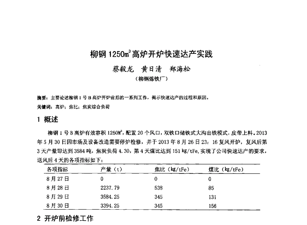柳钢1250m3高炉开炉快速达产实践 - 2013年全国中小高炉炼铁技术交流会