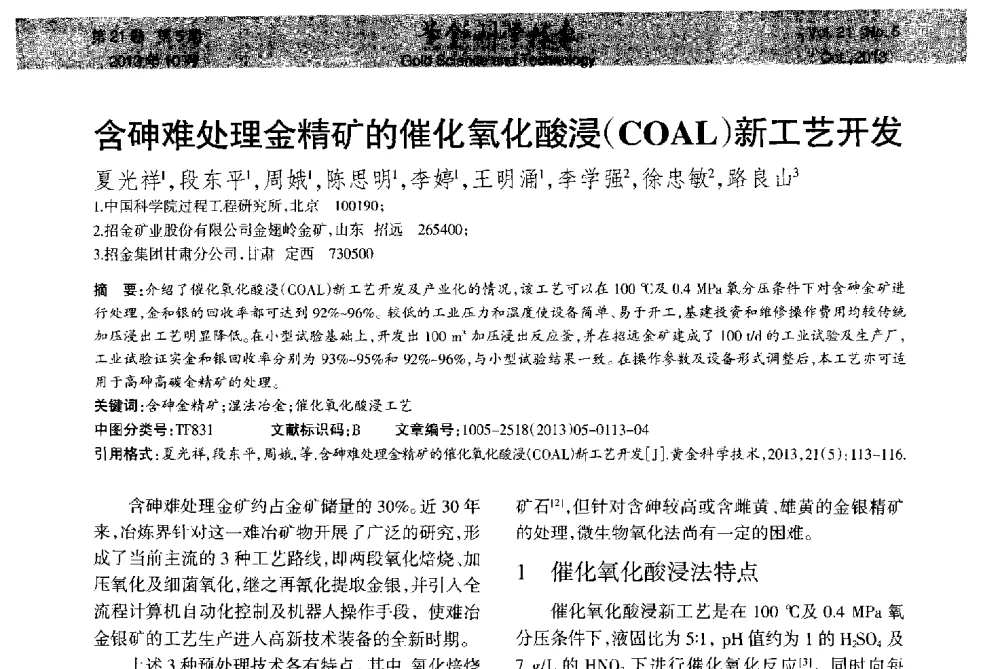 含砷难处理金精矿的催化氧化酸浸(COAL)新工艺开发 - 首届黄金及贵金属关键冶炼技术与装备创新研讨会