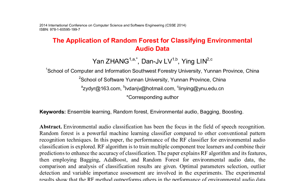 The Application of Random Forest for Classifying Environmental Audio Data - 2014年国际计算机科学与软件工程学术会议