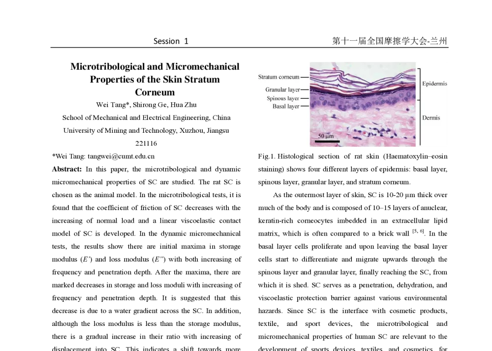 Microtribological and Micromechanical Properties of the Skin Stratum Corneum - 第十一届摩擦学大会