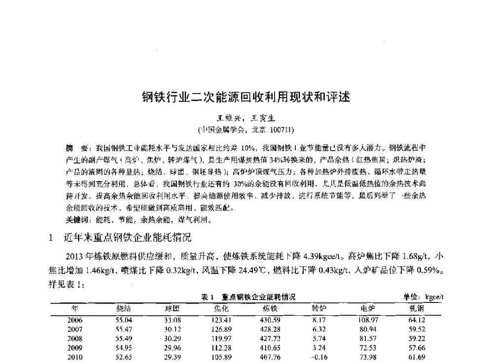 钢铁行业二次能源回收利用现状和评述 - 2014年全国冶金能源环保生产技术会