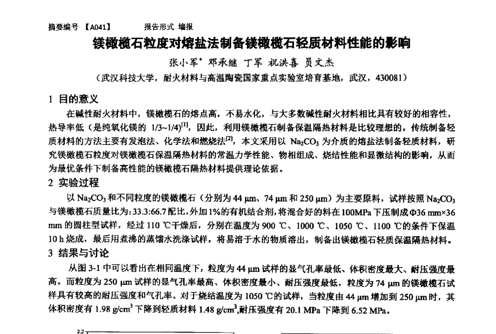 镁橄榄石粒度对熔盐法制备镁橄榄石轻质材料性能的影响 - 第十一届全国工程陶瓷学术年会