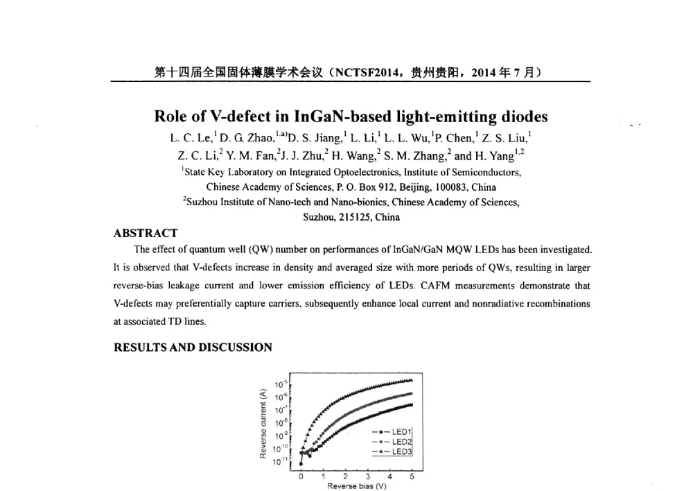Role of V-defect in InGaN-based light-emitting diodes - 第十四届全国固体薄膜学术会议