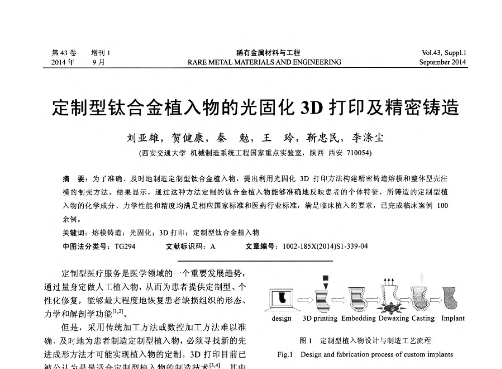 定制型钛合金植入物的光固化3D打印及精密铸造 - 第十四届全国生物材料大会