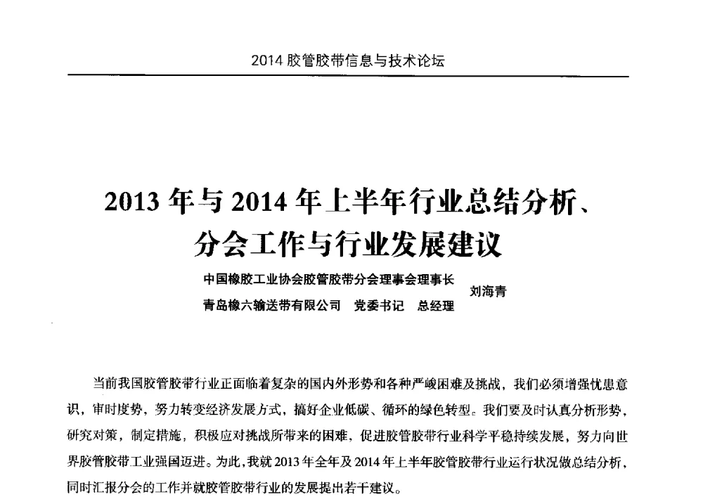 2013年与2014年上半年行业总结分析、分会工作与行业发展建议 - 中国橡胶工业协会胶管胶带分会第八届新一任二次会员代表大会暨胶管胶带信息与技术论坛