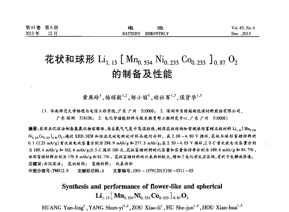 花状和球形Li1.13[Mn0.534Ni0.233CO0.233]0.87O2的制备及性能 - 第五届中国储能与动力电池及其关键材料学术研讨与技术交流会