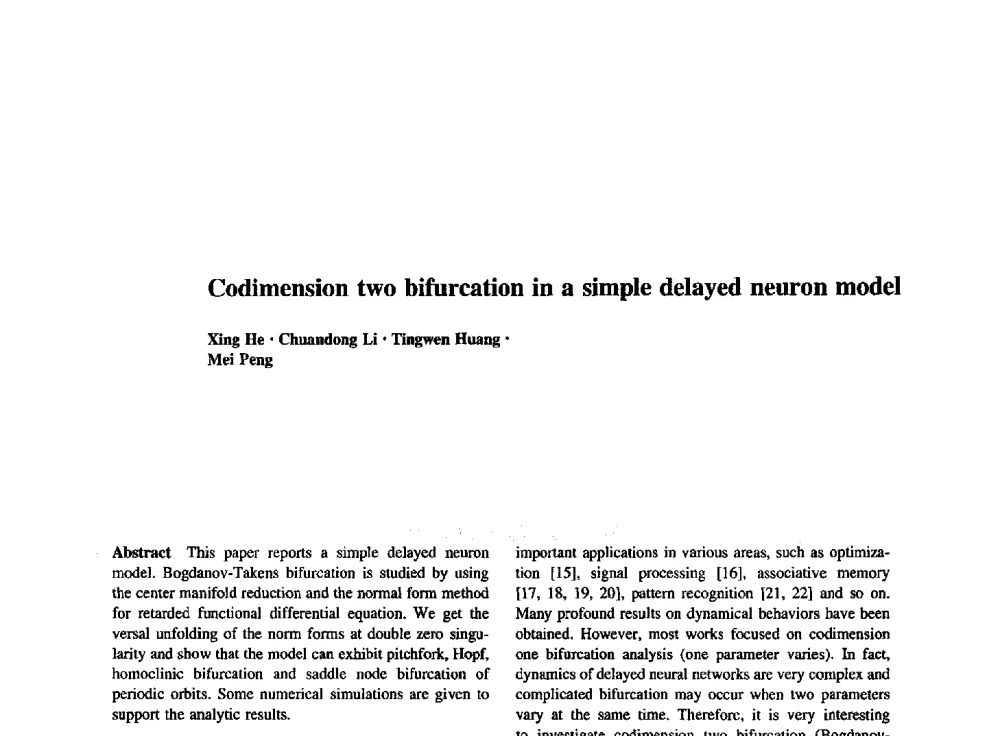 Codimension two bifurcation in a simple delayed neuron model - 西南大学2014年全国博士生学术论坛(电子技术与信息科学领域)