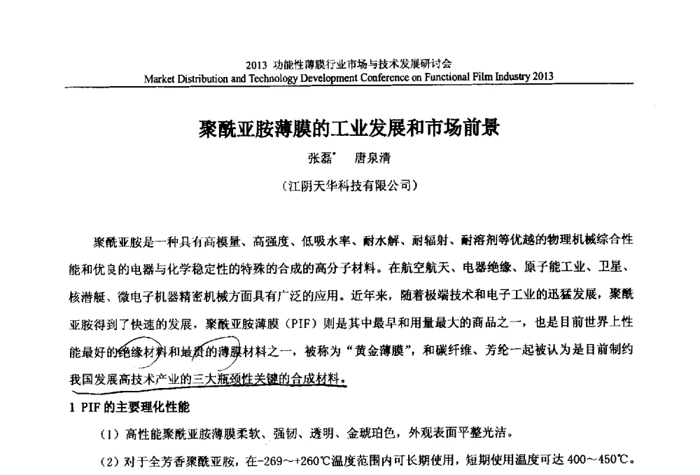 聚酰亚胺薄膜的工业发展和市场前景 - 2013功能性薄膜行业市场与技术发展研讨会