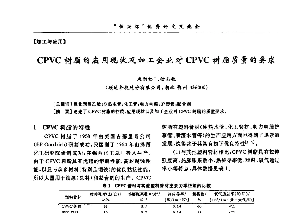 CPVC树脂的应用现状及加工企业对CPVC树脂质量的要求 - 第35届全国聚氯乙烯行业技术年会暨“恒兴杯”论文交流会