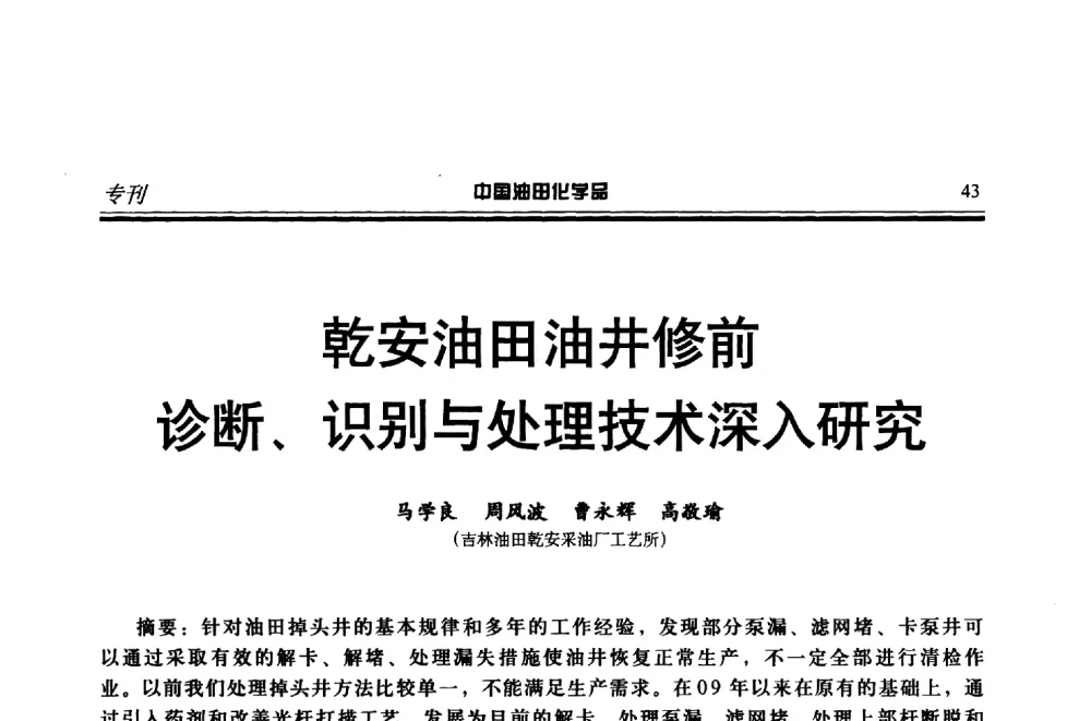 乾安油田油井修前诊断、识别与处理技术深入研究 - 第十八届中国油田化学品开发应用研讨会