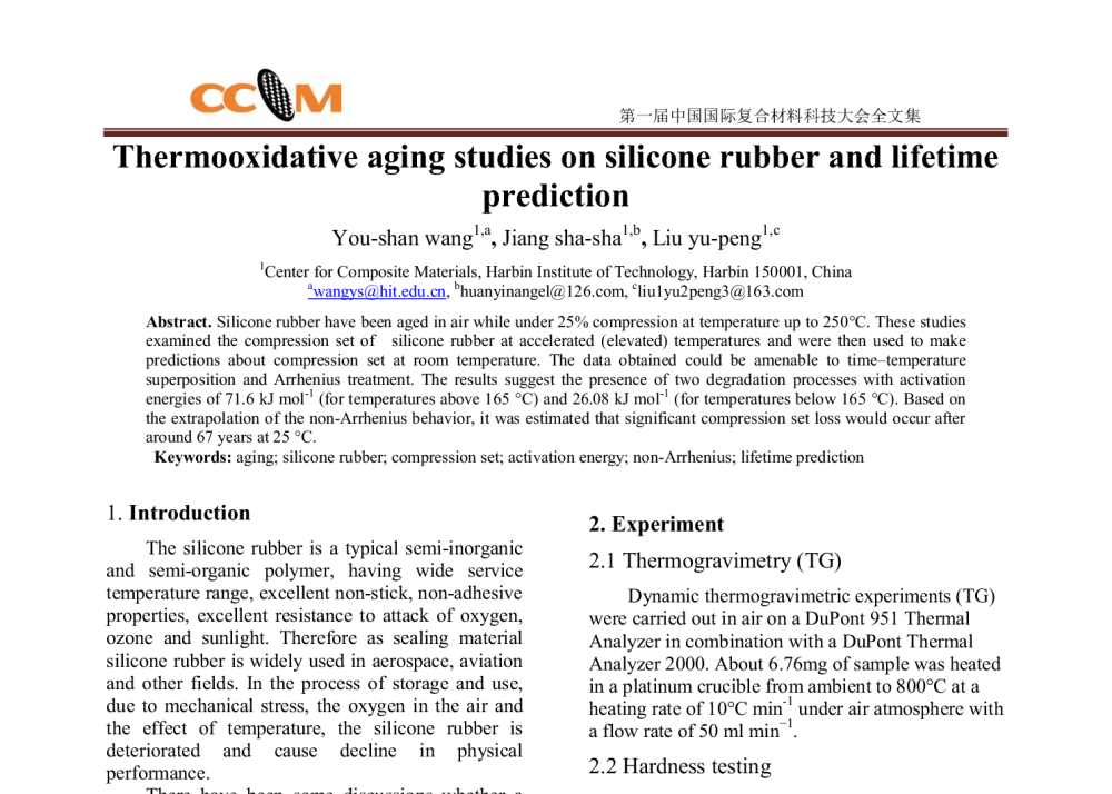 Thermooxidative aging studies on silicone rubber and lifetime prediction - 第一届中国国际复合材料科技大会
