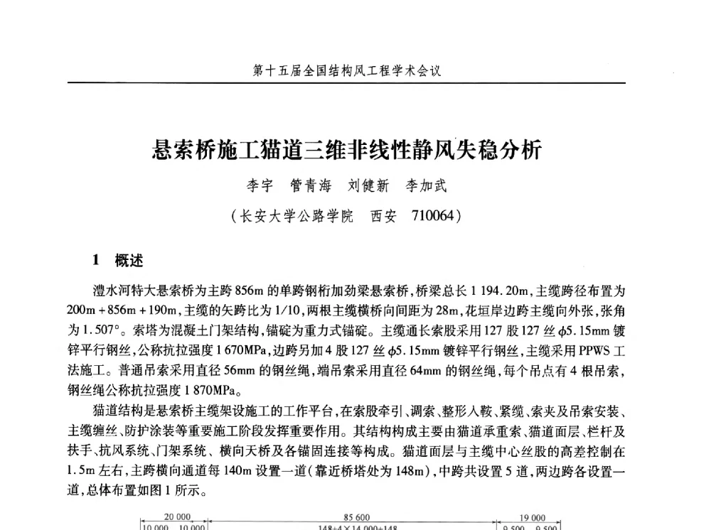 悬索桥施工猫道三维非线性静风失稳分析 - 第十五届全国结构风工程学术会议暨第一届全国风工程研究生论坛