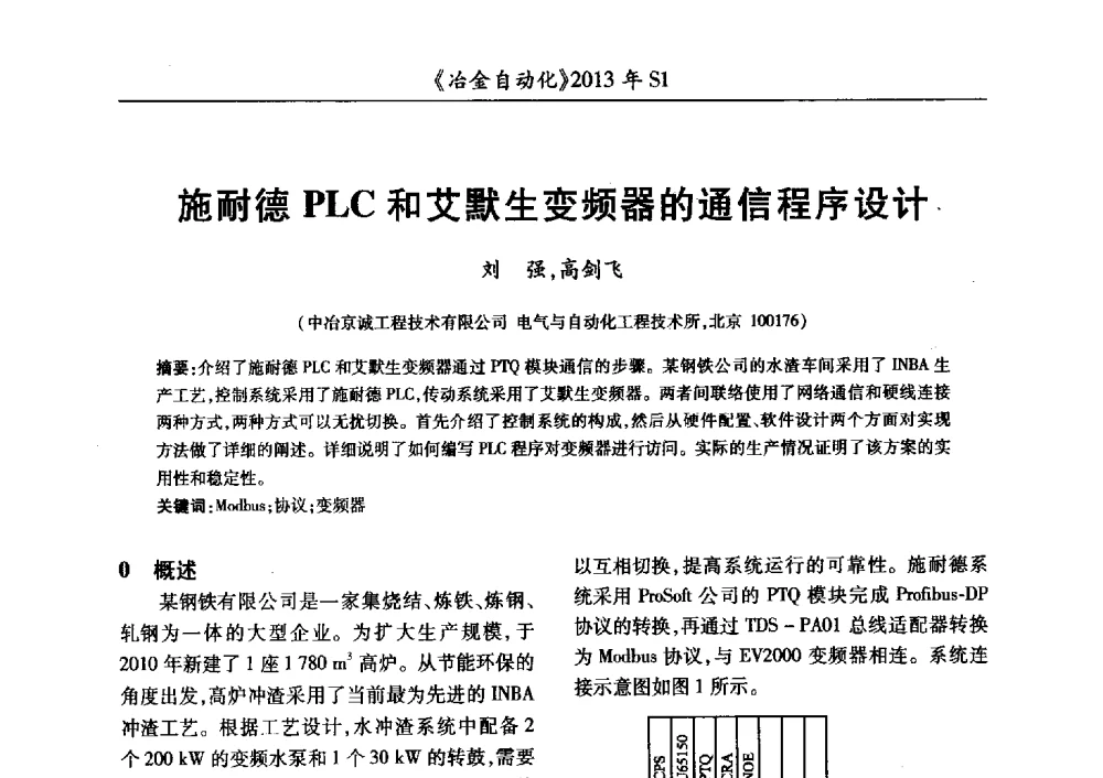 施耐德PLC和艾默生变频器的通信程序设计 - 全国冶金自动化信息网2013年会