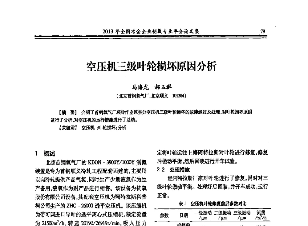 空压机三级叶轮损坏原因分析 - 2013年全国冶金企业制氧专业年会