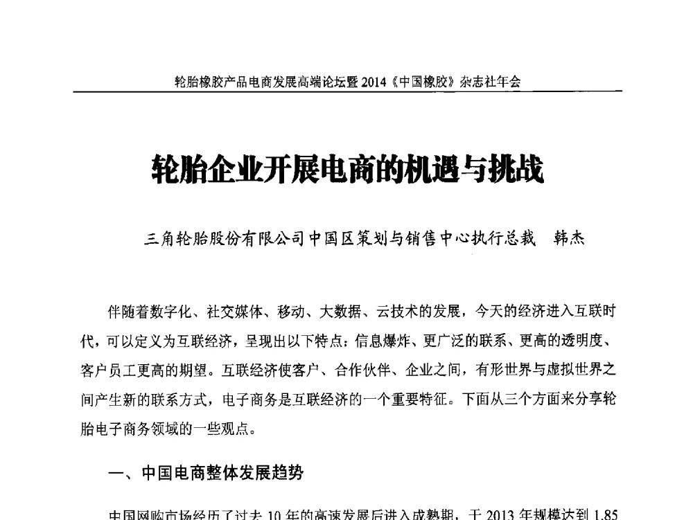 轮胎企业开展电商的机遇与挑战 - 轮胎橡胶产品电商发展高端论坛暨2014《中国橡胶》杂志社年会