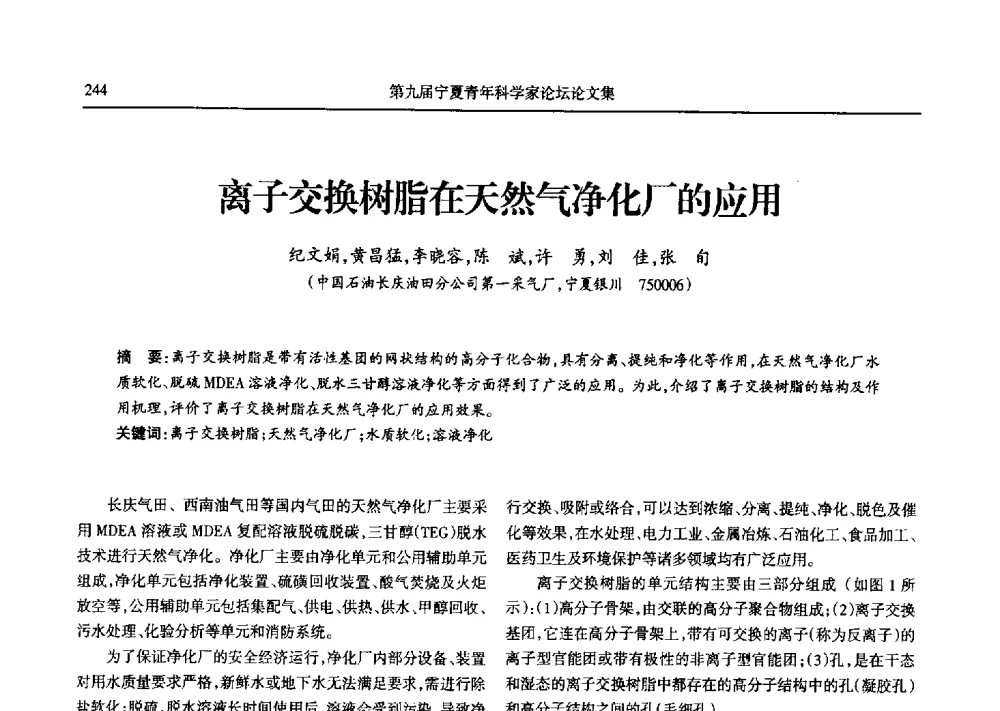 离子交换树脂在天然气净化厂的应用 - 第九届宁夏青年科学家论坛石化专题论坛