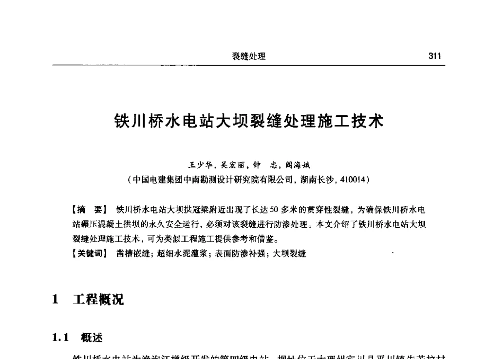 铁川桥水电站大坝裂缝处理施工技术 - 第十五次全国化学灌浆学术交流会