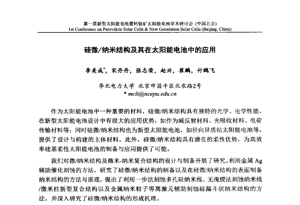 硅微_纳米结构及其在太阳能电池中的应用 - 第一届新型太阳能电池暨钙钛矿太阳能电池学术研讨会